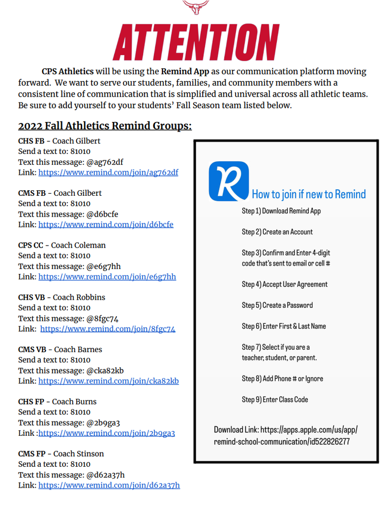 CPS Fall 2022 Fall Athletics Remind App Groups